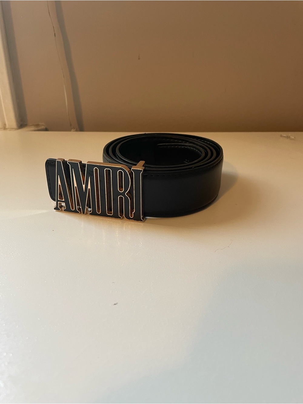 AMIRI Black Leather Belt with Gold-Tone Logo Buckle